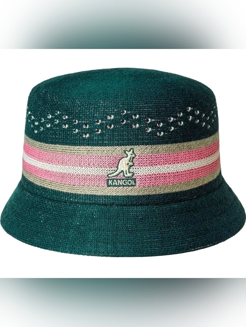 Kangol Green Stripe Bucket Hat Medium Pink Cream Logo Casual Streetwear